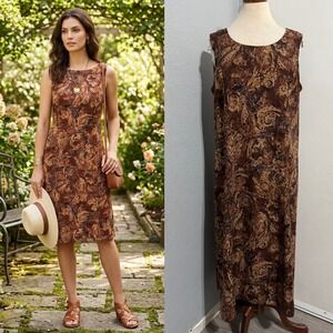 Studio I Brown Dress Sz 14 Paisley Sleeveless Midi Tan Bohemian Round Neck Retro